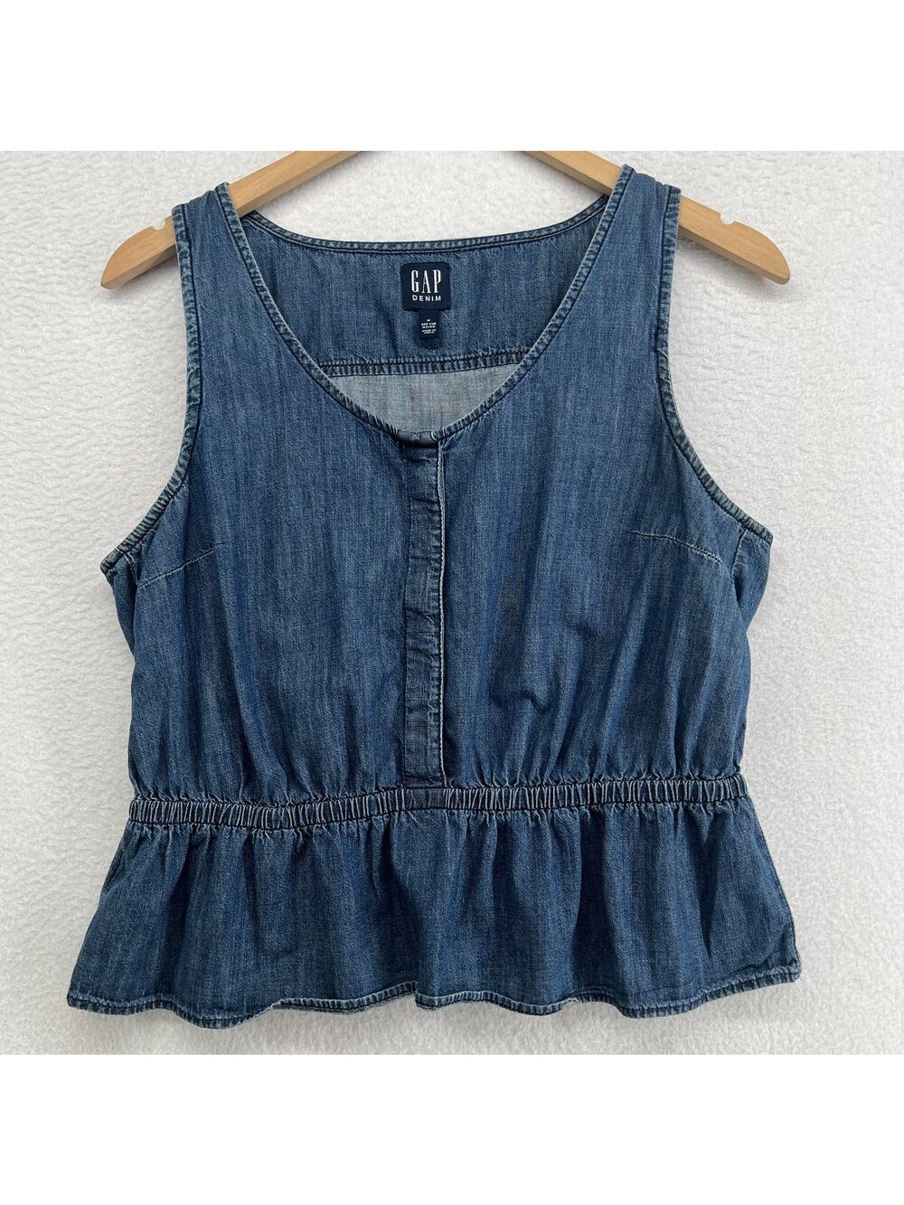 GAP Top Womens M Denim Peplum Blouse Button Front Tank Cotton Dark Wash Blue